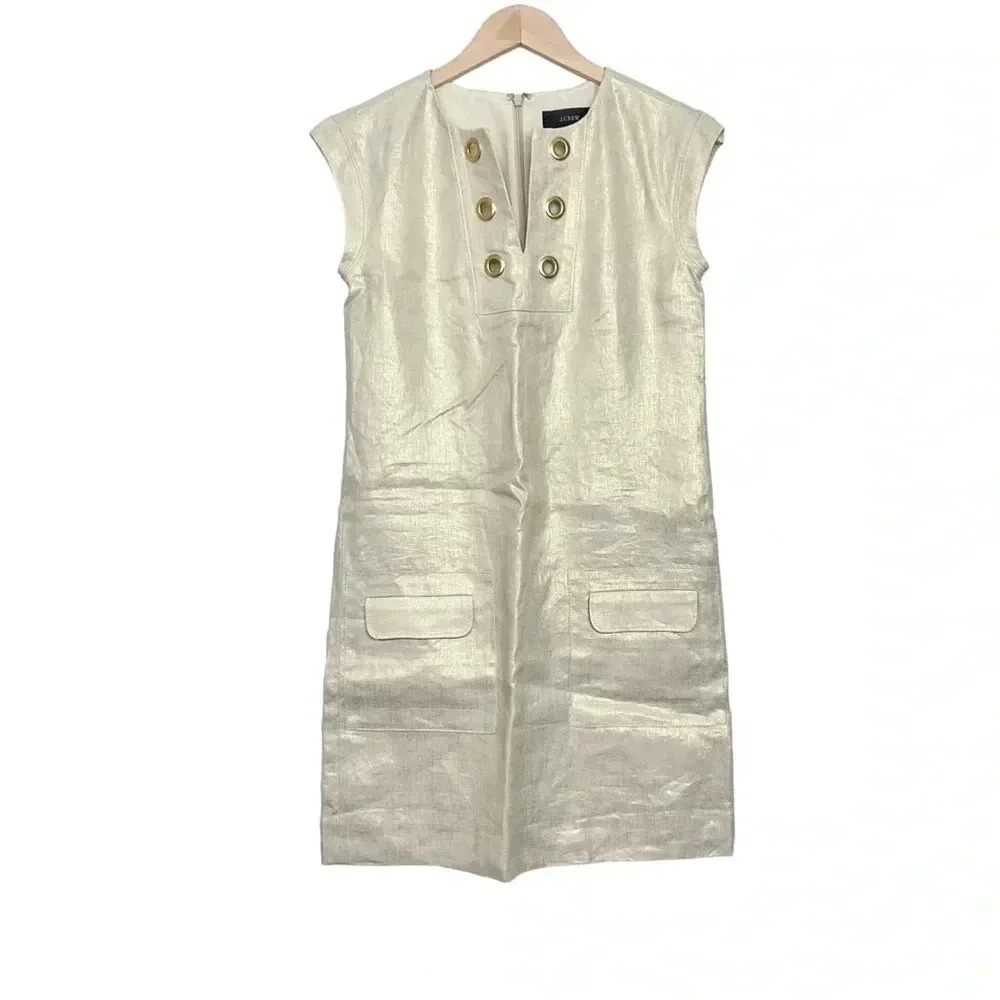 J. Crew Gold Foil Linen Dress Size 00 Grommets Cap Sleeve